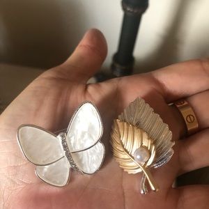 White and Gold Butterfly and Leaf Brooch Set